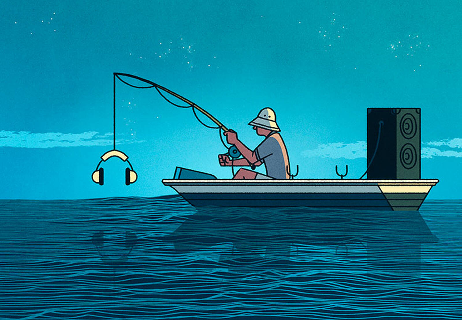 A fisherman reels in a pair of stereo headphones.