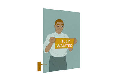 Man hanging "Help Wanted" sign in shop door