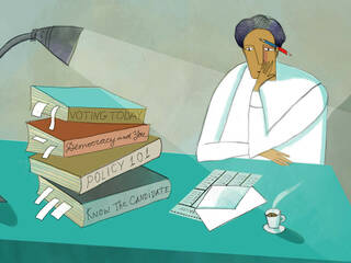 illustration of person at desk with voting ballot and stack of books about voting and policy.