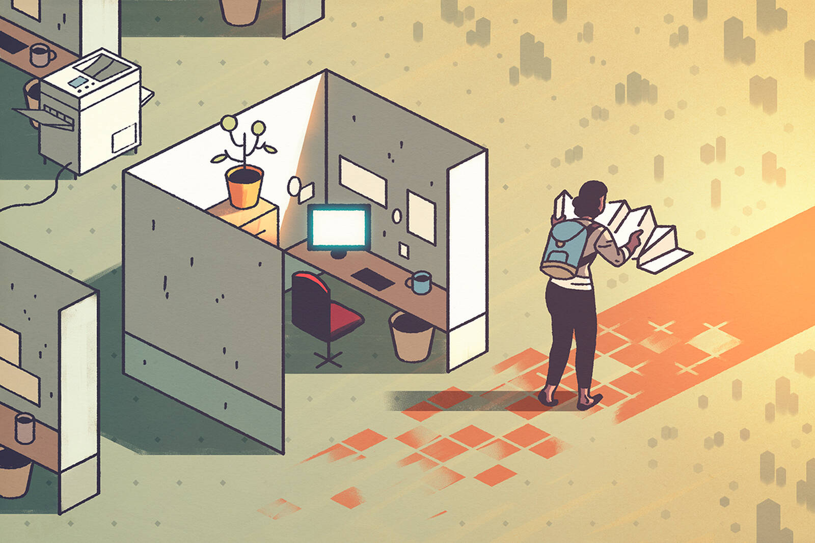 illustration of a woman wearing a backpack leaving office cubicle with map unfolded.