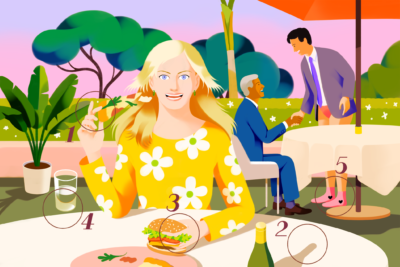 woman eating burger and pizza with other AI artifacts and implausibilities.