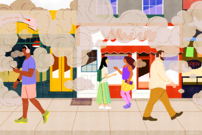 illustration of a street scene with people going about their days among clouds of pollutions