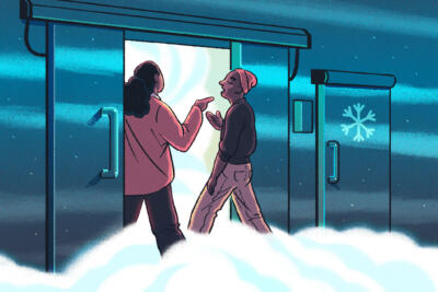 illustration of two people arguing while entering a walk-in cooler.