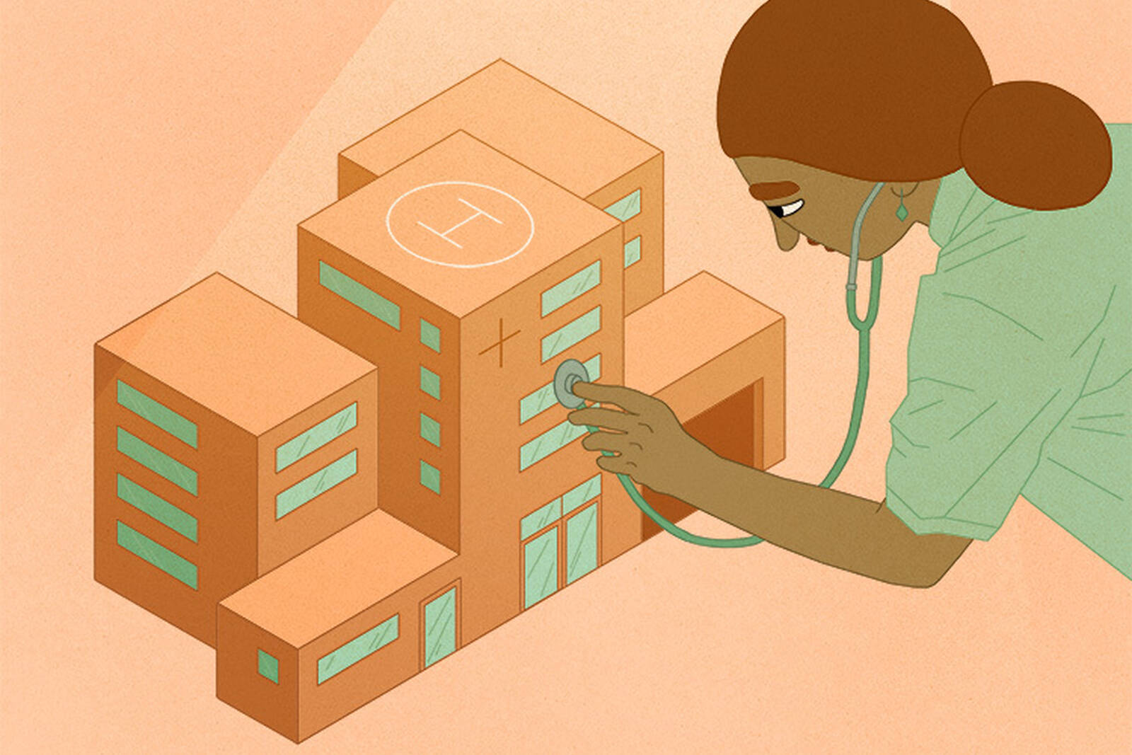 A nurse uses a stethoscope on a hospital building.