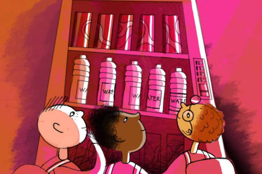Kids decide whether to buy water or soda.