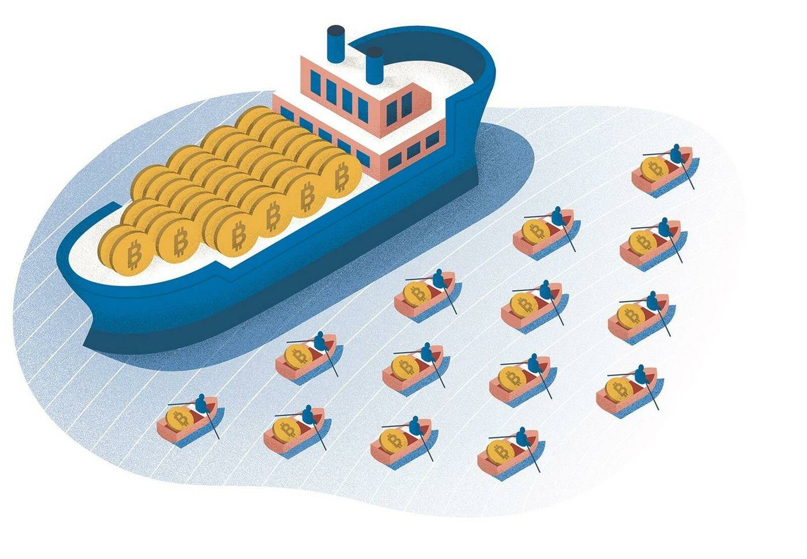 A cryptocurrency tanker is flanked by small boats.