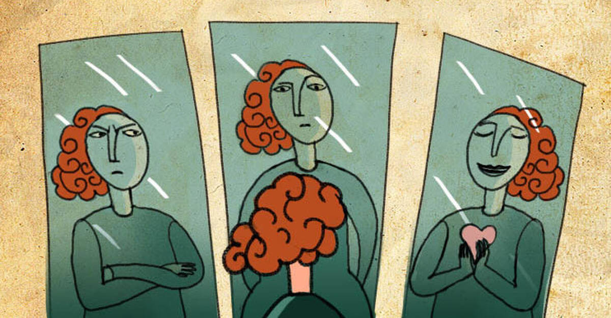 A woman faces three mirrors containing different reflections, in which she appears upset, neutral, and loving.