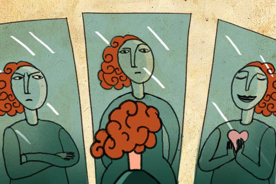 A woman faces three mirrors containing different reflections, in which she appears upset, neutral, and loving.