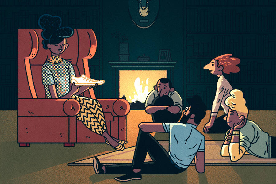 A storyteller describes a shoe by a fire.