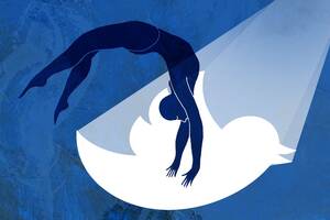 a gymnast flips in a twitter bird spotlight