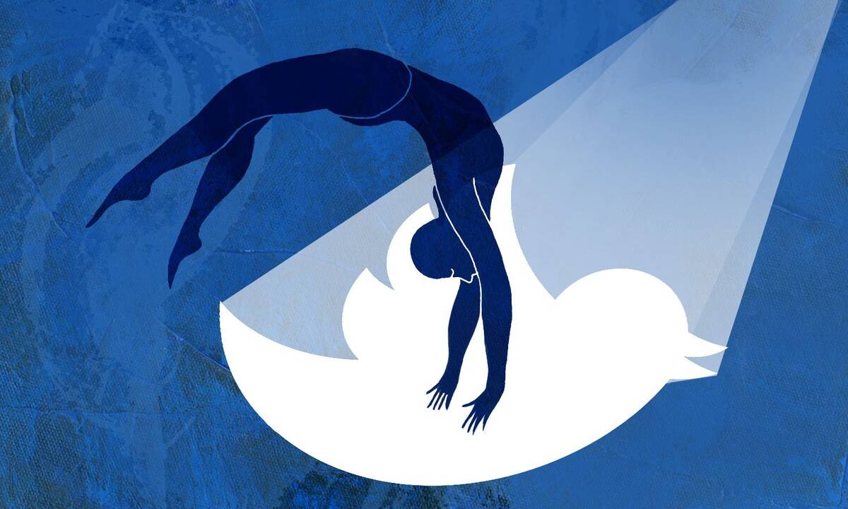 a gymnast flips in a twitter bird spotlight