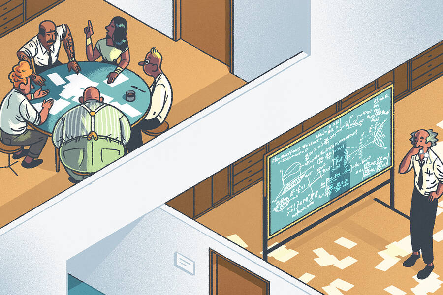 A team discusses something in one room while a solo researcher works on a problem next door.