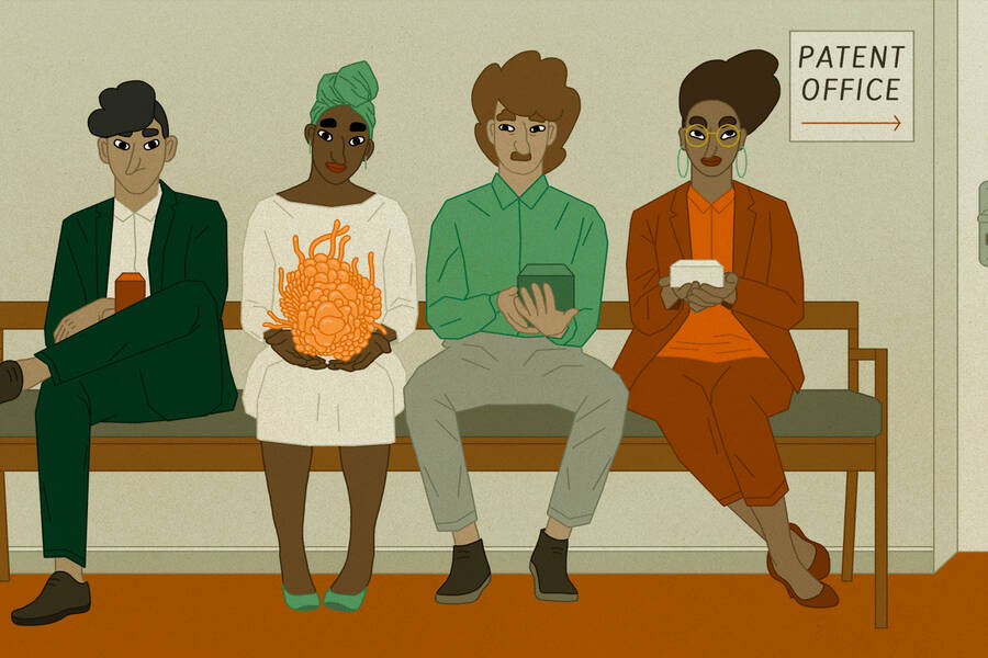 Sitting outside of the patent office, three inventors hold similar-looking inventions, while one inventor holds a distinct-looking invention.