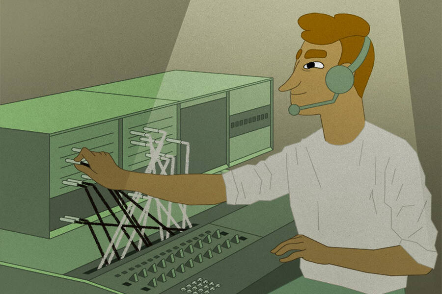 A call center employee talks to customers.