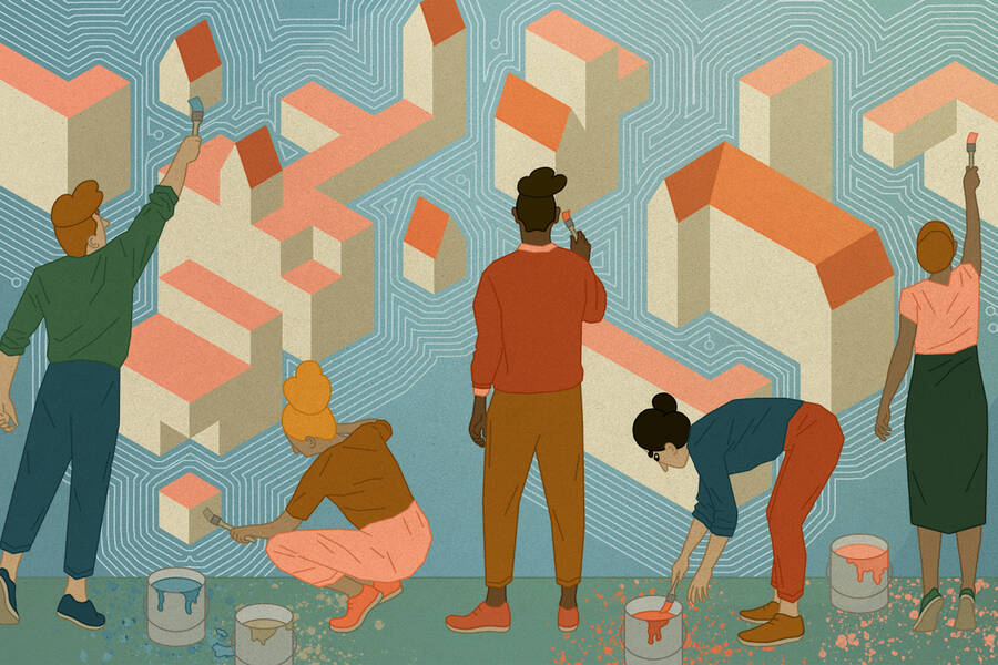 A team of employees paints a mural.
