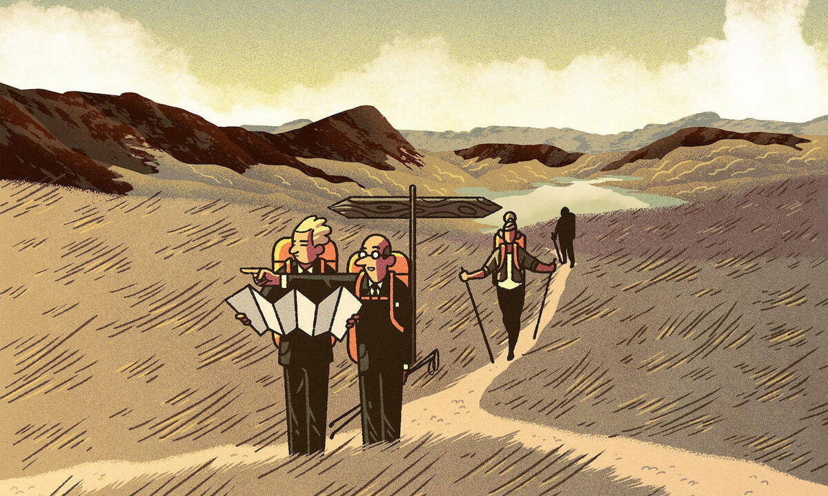 A leader stands at a fork in the road, pointing towards one of the two paths.