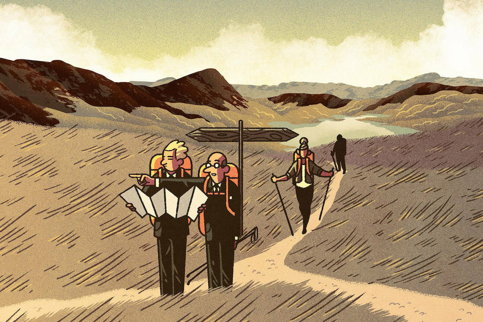 A leader stands at a fork in the road, pointing towards one of the two paths.