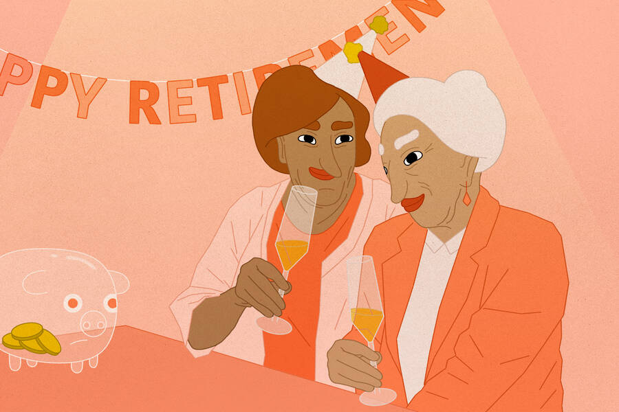 Two women at a retirement party, looking at an almost empty piggy bank.
