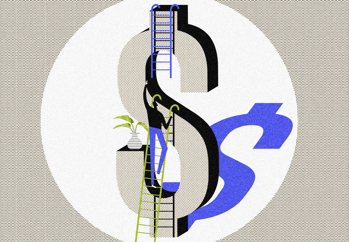 An investor uses two connecting ladders to climb a tall dollar sign.