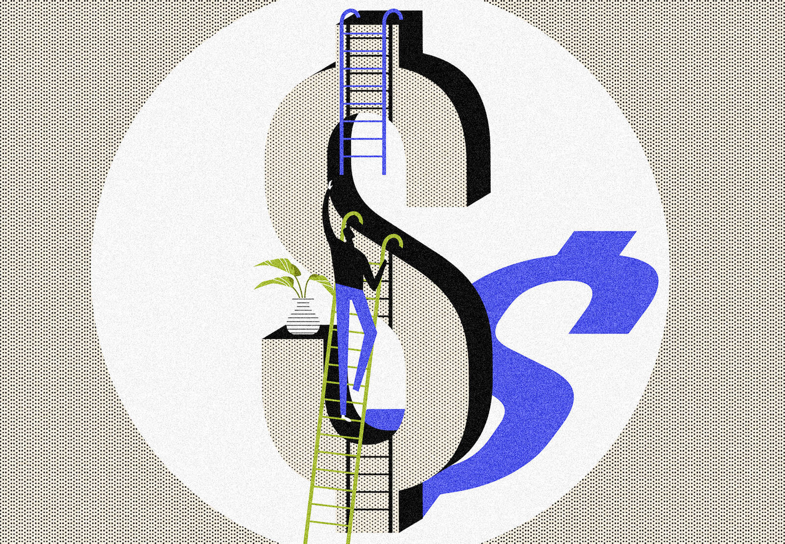 An investor uses two connecting ladders to climb a tall dollar sign.