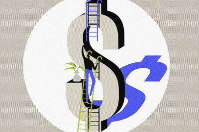 An investor uses two connecting ladders to climb a tall dollar sign.