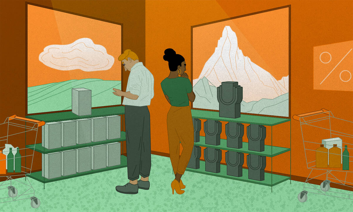 One shopper stands in front of an image of a flat meadow, while another shopper looks at an image of a mountain.