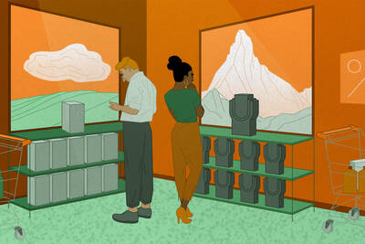One shopper stands in front of an image of a flat meadow, while another shopper looks at an image of a mountain.