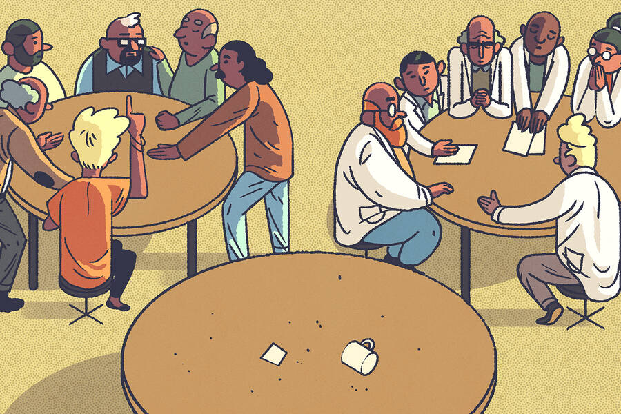 AI researchers and scholars of the humanities and social sciences sit at different tables, reflecting the growing gap between their disciplines.