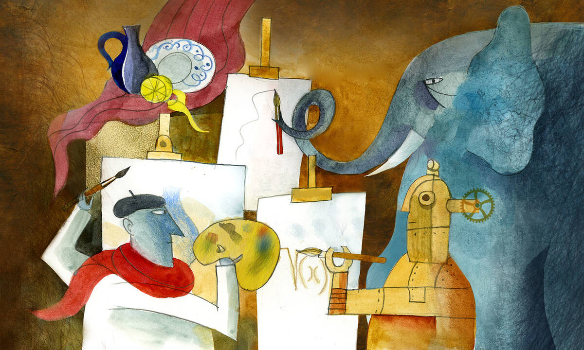 person, robot, and elephant make still life drawing.