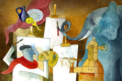 person, robot, and elephant make still life drawing.