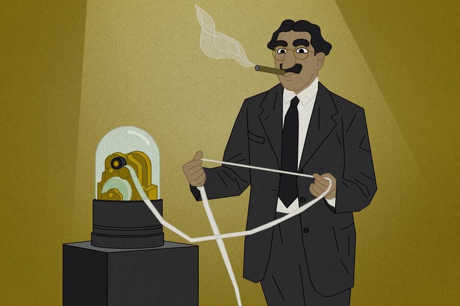 Groucho Marx reads a stock ticker.