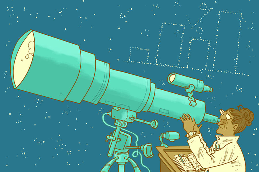 A scientist interprets visual content through a telescope and sees data visualizations in the stars.