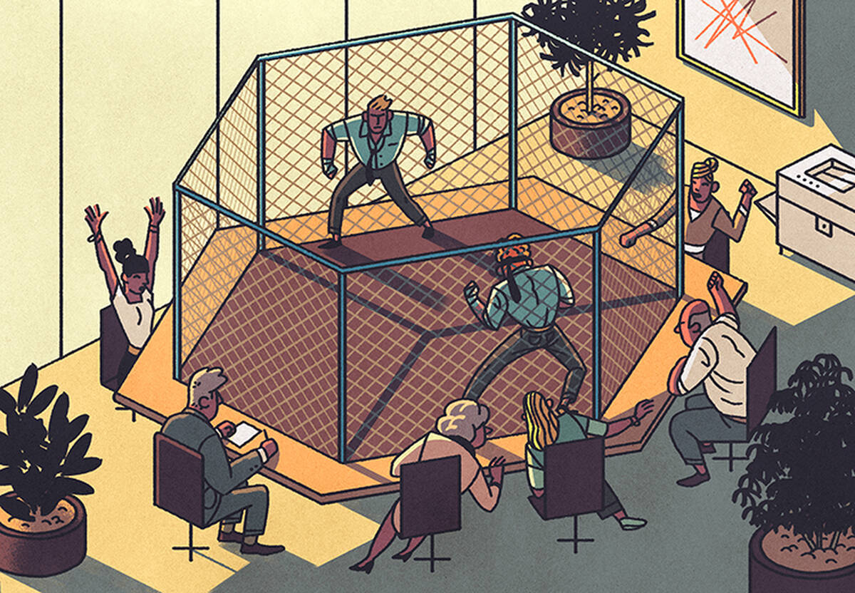 Employees use a conference room as a boxing ring.