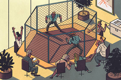 Employees use a conference room as a boxing ring.