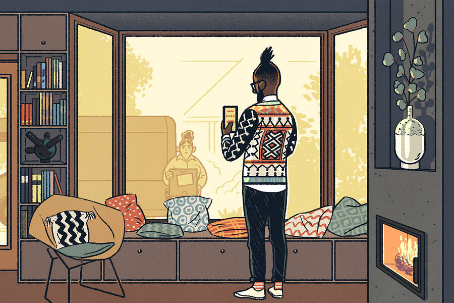 A package delivery person arrives.