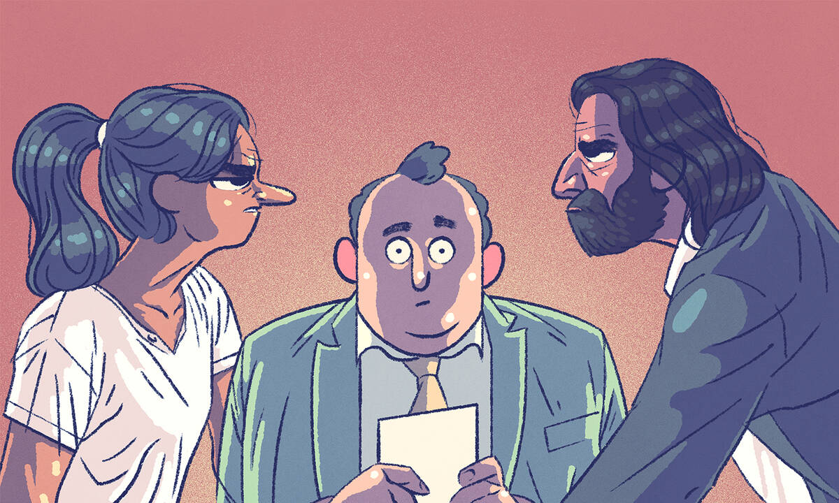 Three colleagues navigate a social triangle at work.