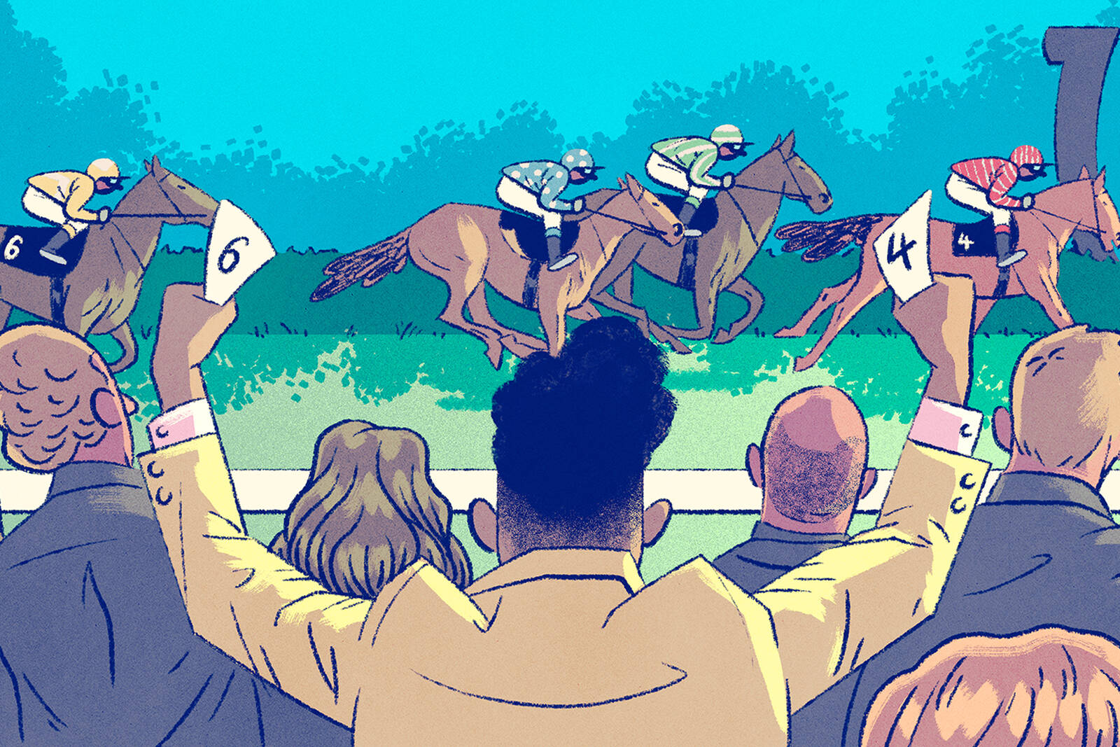 Man cheers on first and last horses in race