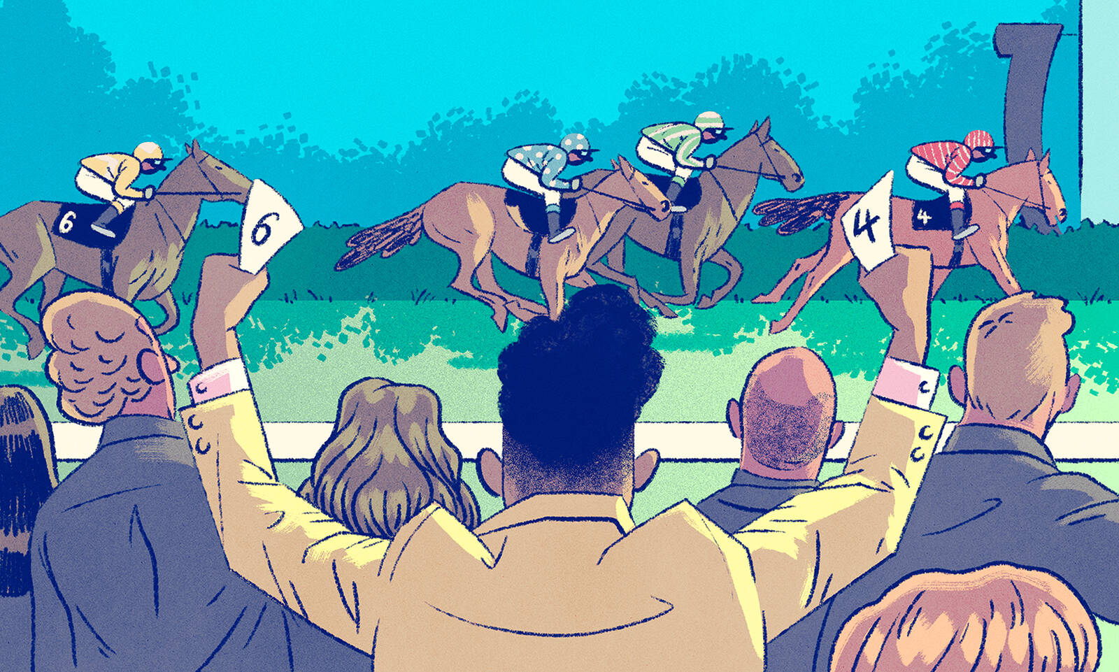 Man cheers on first and last horses in race
