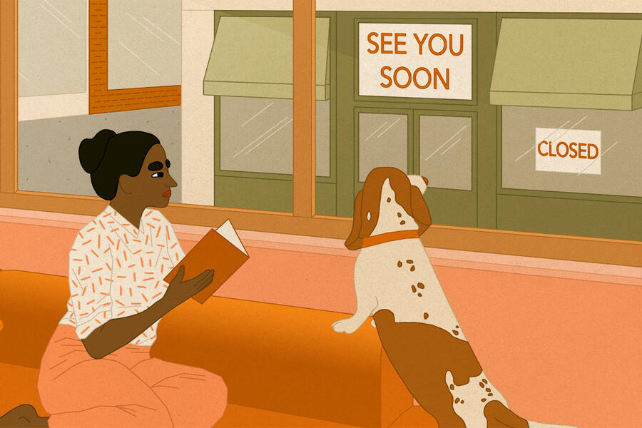 woman and dog look out at closed businesses