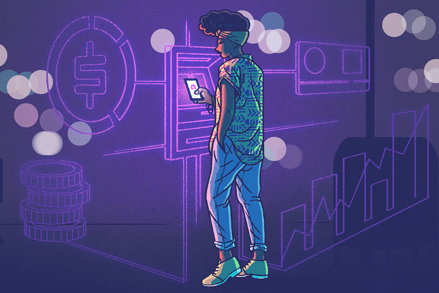 woman banks through her smartphone