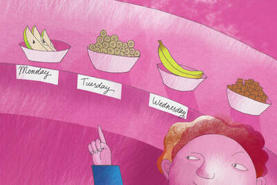 A child chooses between healthy and unhealthy foods.