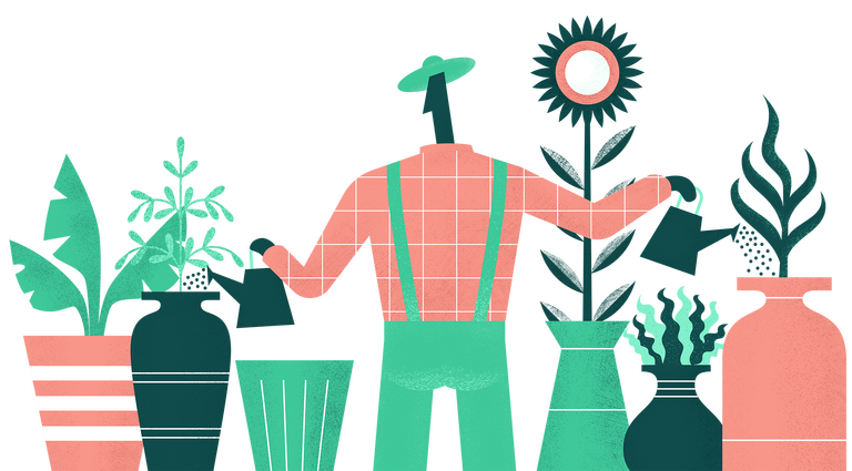 A gardener grows plants in pots.