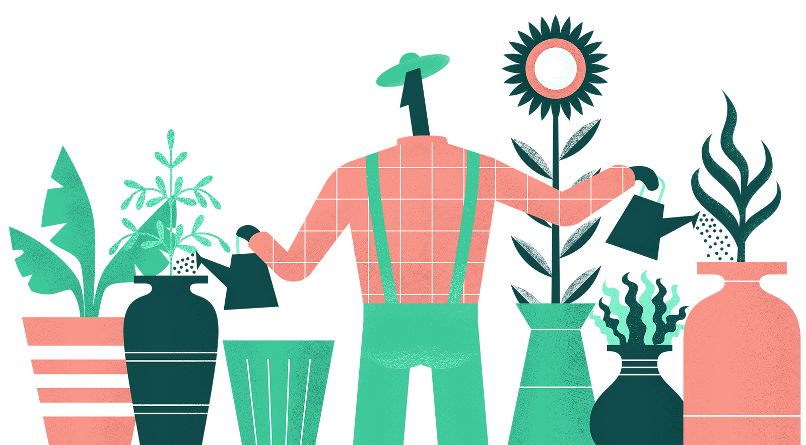 A gardener grows plants in pots.