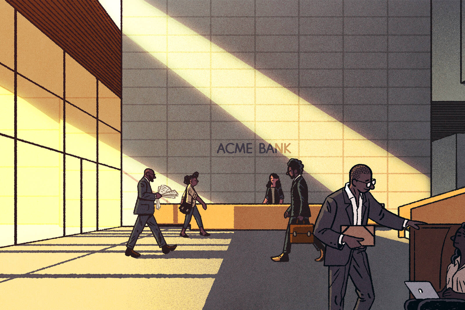 Black entrepreneurs enter a bank lobby