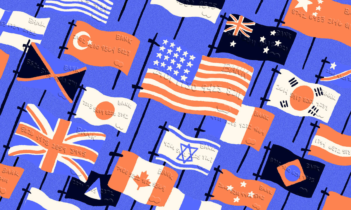 A group of nations' flags as credit cards