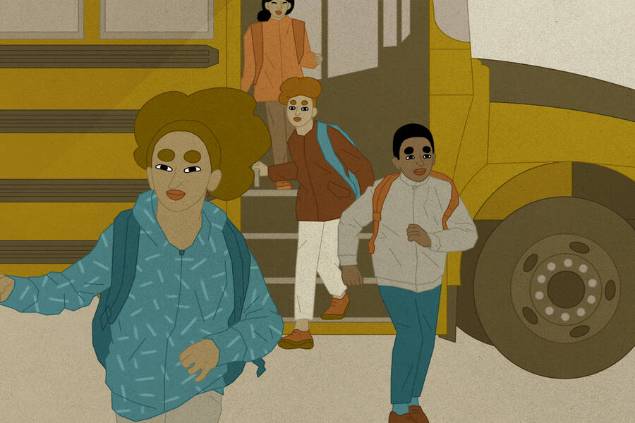 School children exit bus