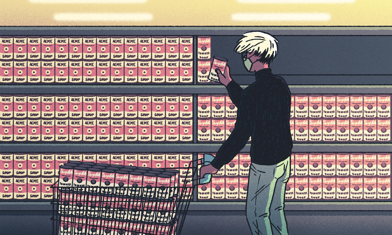 Man fills grocery cart with Campbell's soup cans