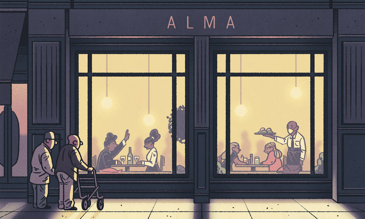 Older customers look into a restaurant