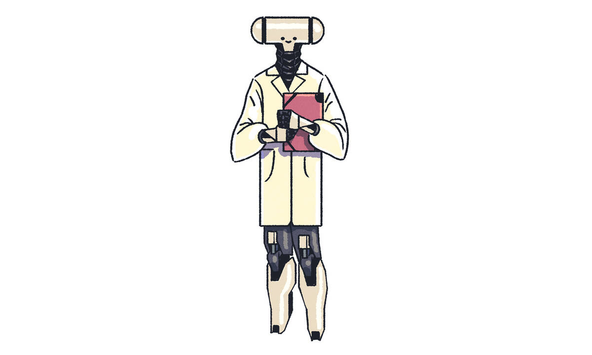 machine scientist with lab coat and clipboard