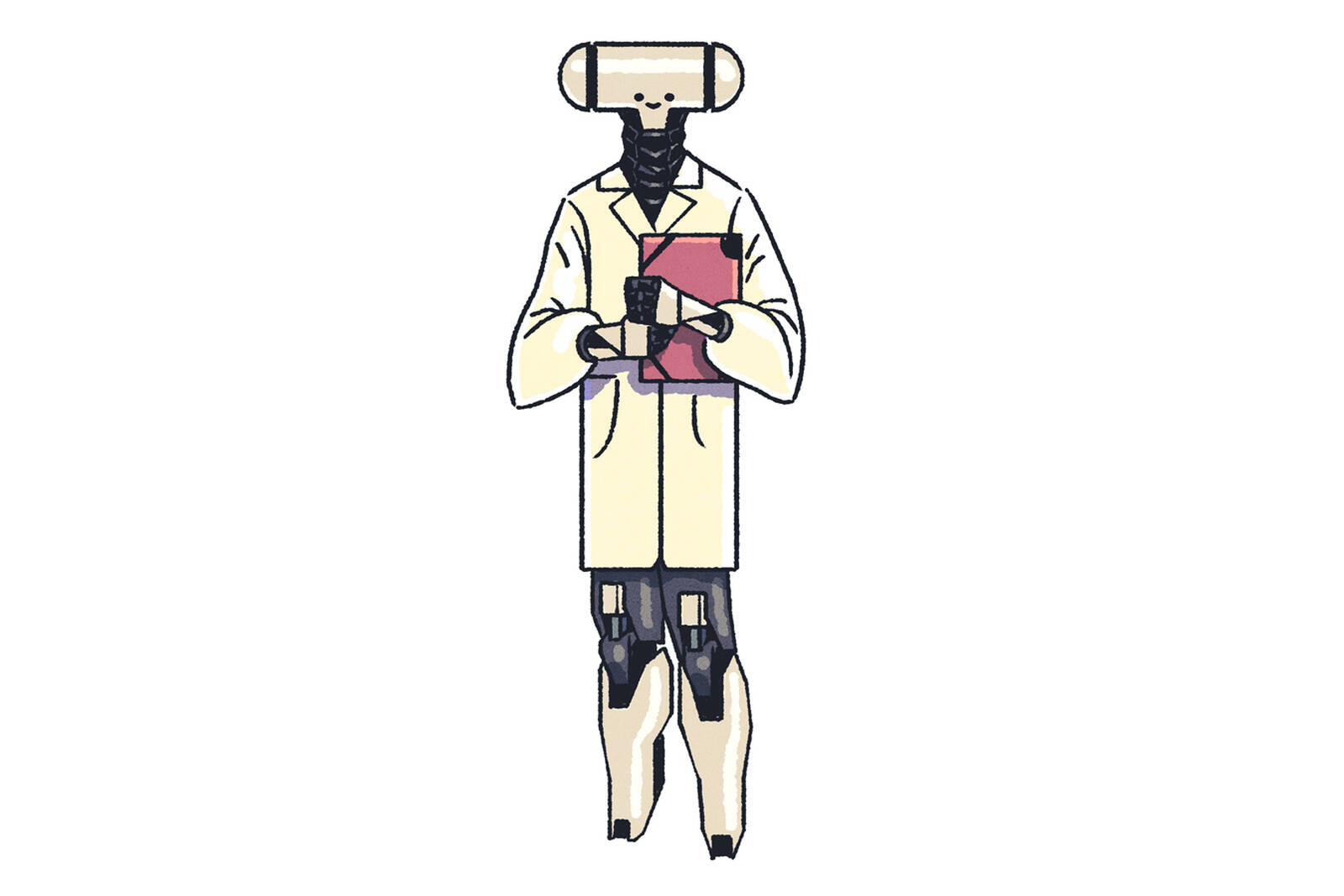 machine scientist with lab coat and clipboard